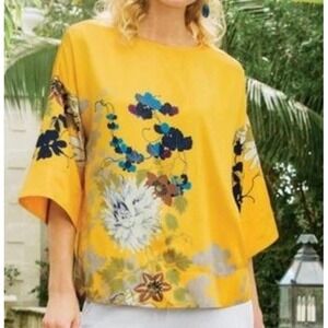 Soft Surroundings Tahitian Satin Floral Kimono Sleeve Blouse Yellow Size L
